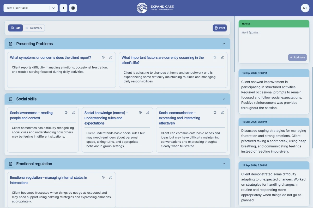 ExpandCase therapy case management platform showing therapist dashboard with client questionnaire and session notes